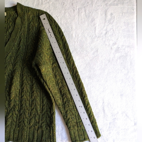 Appleseeds Quality Petite Large V-neck Cardigan Donegal Braided Green Wool Blend - Picture 7 of 13